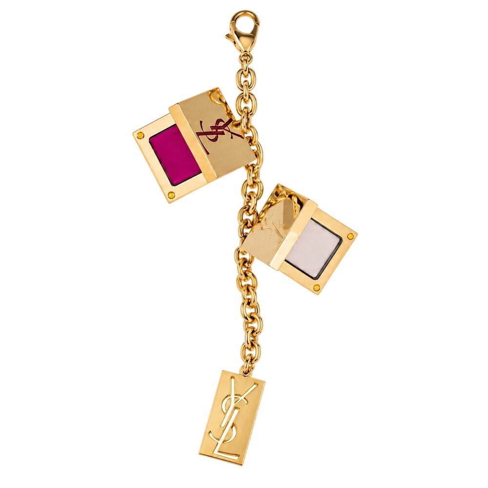 Vintage YSL Gold Logo Chain Dangling Purse Bag Charm Lip Gloss Makeup Keychain